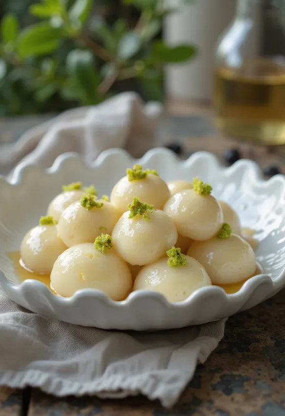 Rasgulla ukrašena pistacijama, poslužena na elegantnom tanjuru.