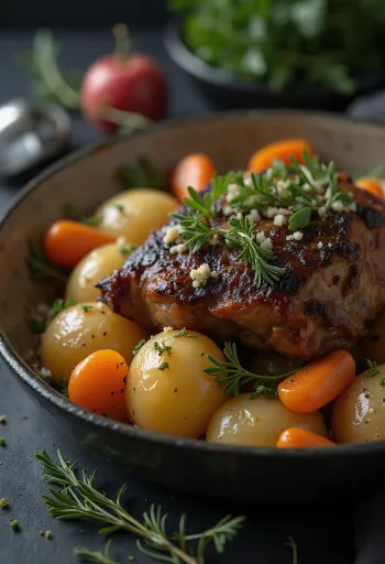 Pečeno meso mrmota posluženo s korjenastim povrćem na pladnju.