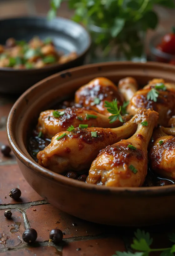 Adobo s mesom, poslužen u umaku od soje i bijelog vina, ukrašen svježim začinskim biljem