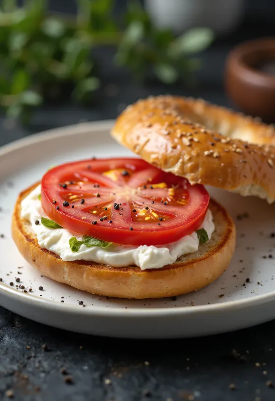 Bagel s rajčicom i krem sirom, ukrašen svježim bosiljkom
