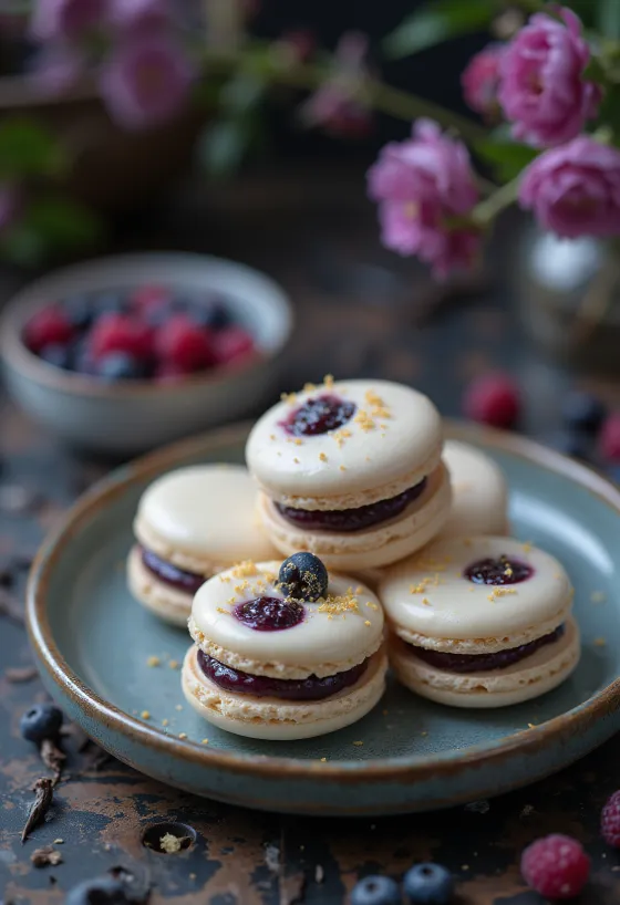 Posluženi macarons s bijelom čokoladom i šumskim voćem