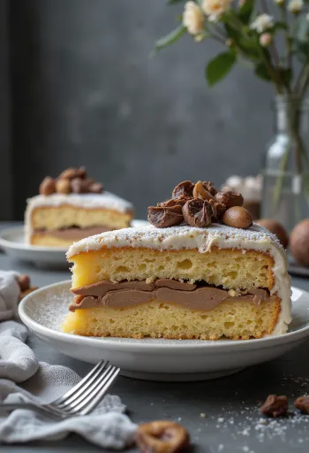Torta od kestena narezana na kriške, ukrašena čokoladom