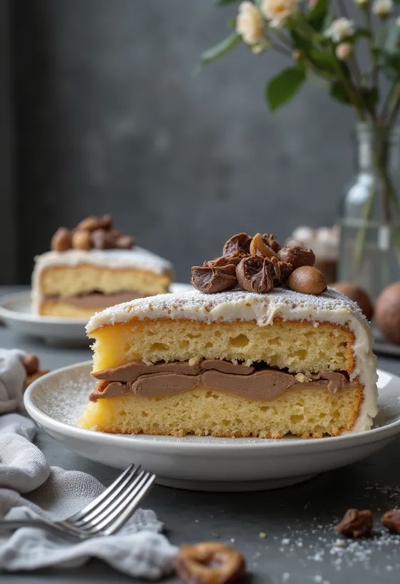 Torta od kestena narezana na kriške, ukrašena čokoladom