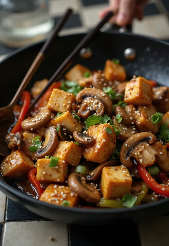 Tofu s gljivama u voku s prženim povrćem i soja umakom