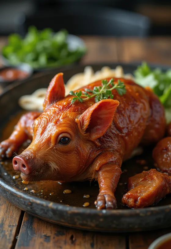 Lechon, pečeni odojak s hrskavom kožom poslužen