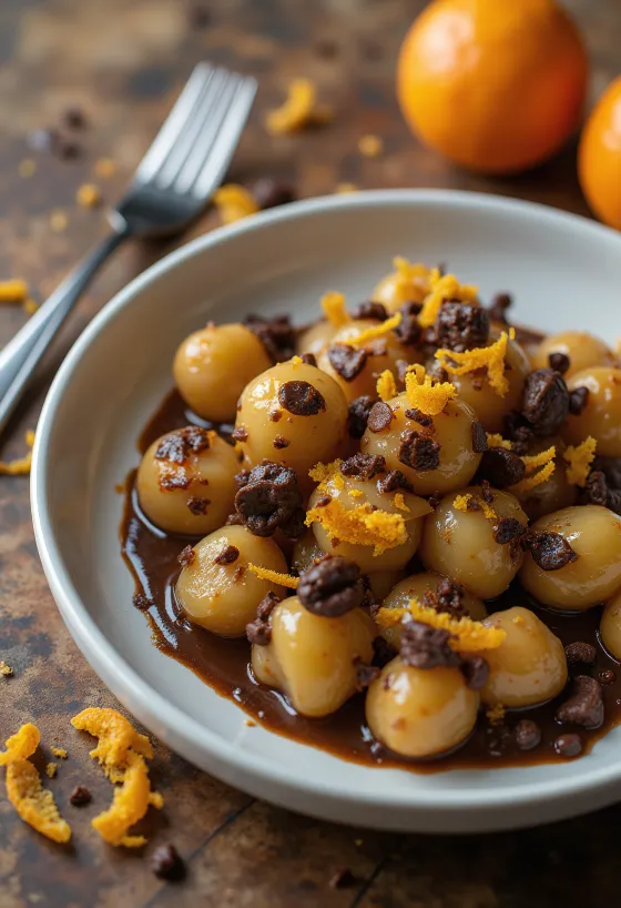 Gnocchi s narančom i tamnom čokoladom na tanjuru