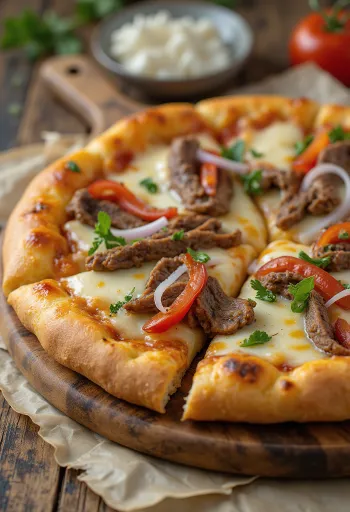 Philly cheesesteak pizza s komadima steaka i paprikom
