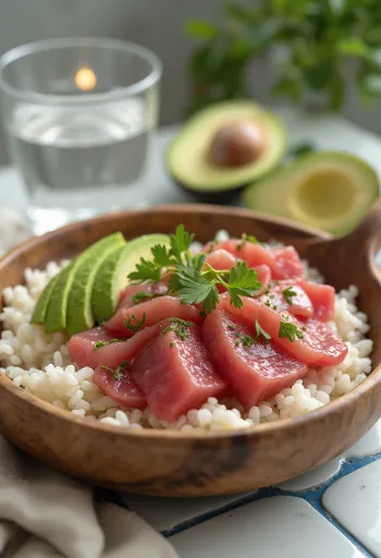 Poké s tunom sa svježim povrćem na podlozi od riže, ukrašen korijanderom i sokom limete.