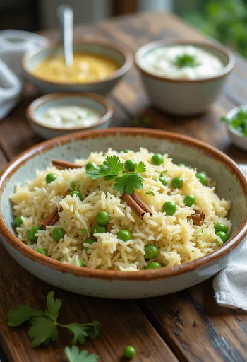 Pulao od zelenog graška, začinjena riža poslužena sa svježim korijanderom