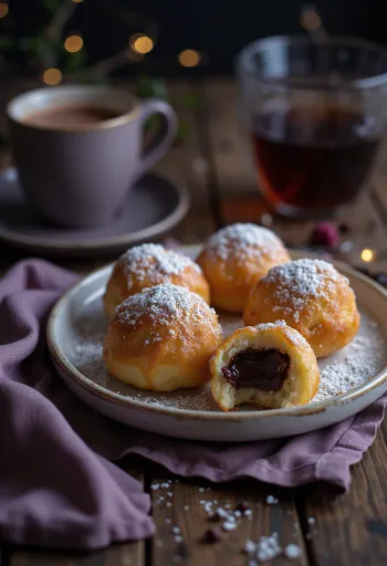 Svježe pečeni æbleskiver poslužen s čokoladnom kremom i šećerom u prahu