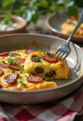 Frittata s krvavicom i kobasicom, poslužena s prženom kobasicom i jajima