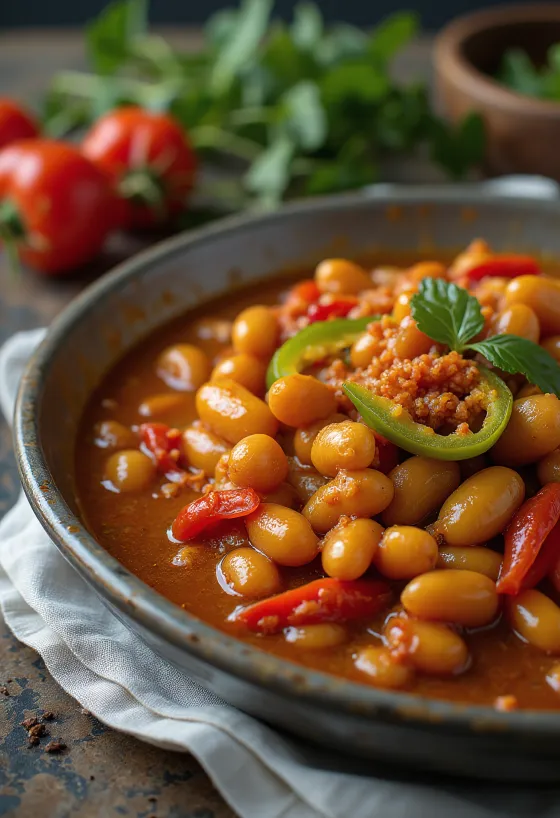 Gigantes plaki s ljutom papričicom, posluženo s peršinom i svježim kruhom