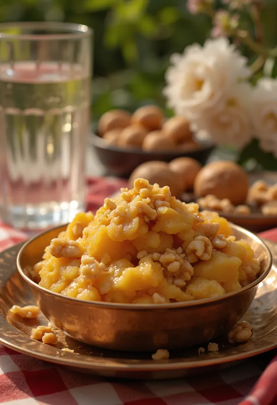 Aate ka Halwa s bogatim začinskim okusima, prženim orasima i ružinom vodicom.