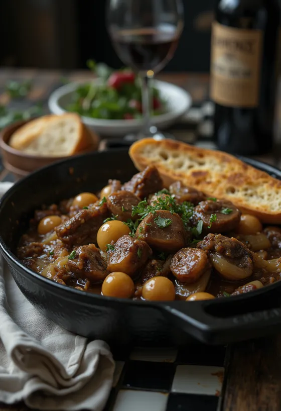 Govedina Bourguignon, goveđi gulaš u crnom vinu poslužen s pirjanim povrćem