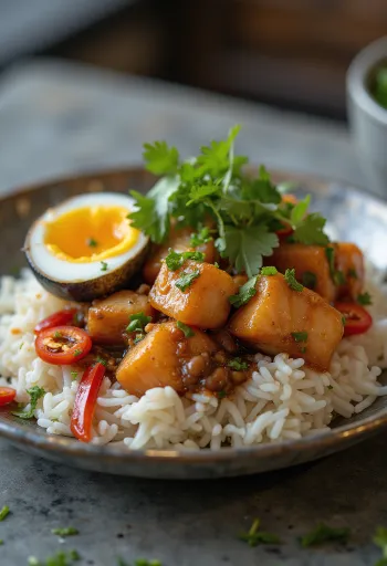 Rawon sa slanim jajem, poslužen sa slanim jajem i lososom