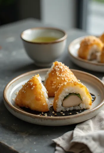 Onigiri s komadićima pečene piletine, sa sezamom i morskom travom