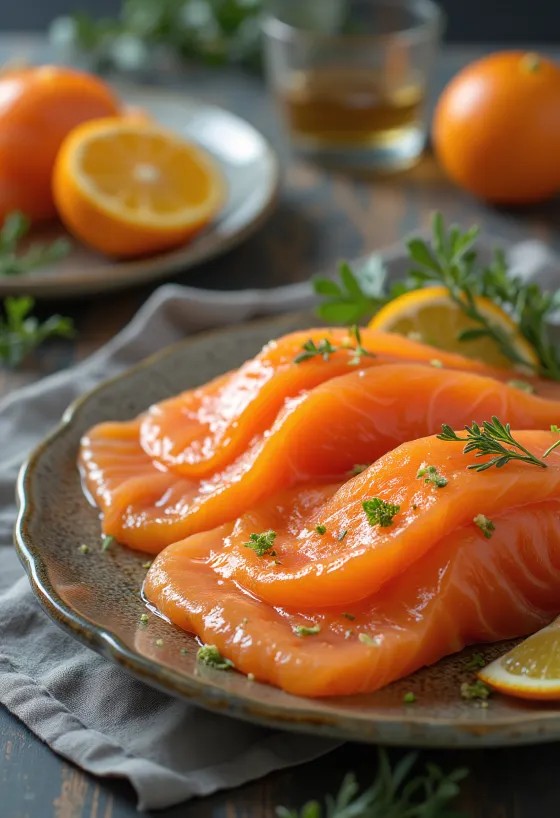 Gravlax s likerom od naranče, ukrašen svježim koprom