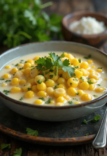 Chè s kukuruzom, poslužen s kokosovim mlijekom i vanilijom, ukrašen svježim korijanderom