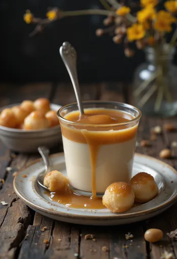 Karamel puding s tučenim vrhnjem na vrhu i ukrašen preljevom od karamela