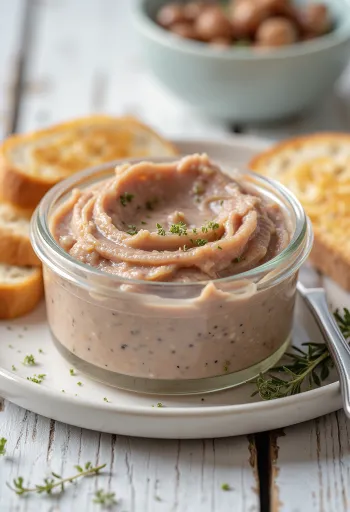 Kremasta pašteta od jetrica namazana na kriške svježeg kruha, ukrašena začinskim biljem.