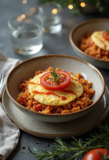 Omurice zdjela s rajčicom, fino japansko jelo posluženo