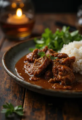 Beef Rendang serviran s rižom i svježim korijanderom