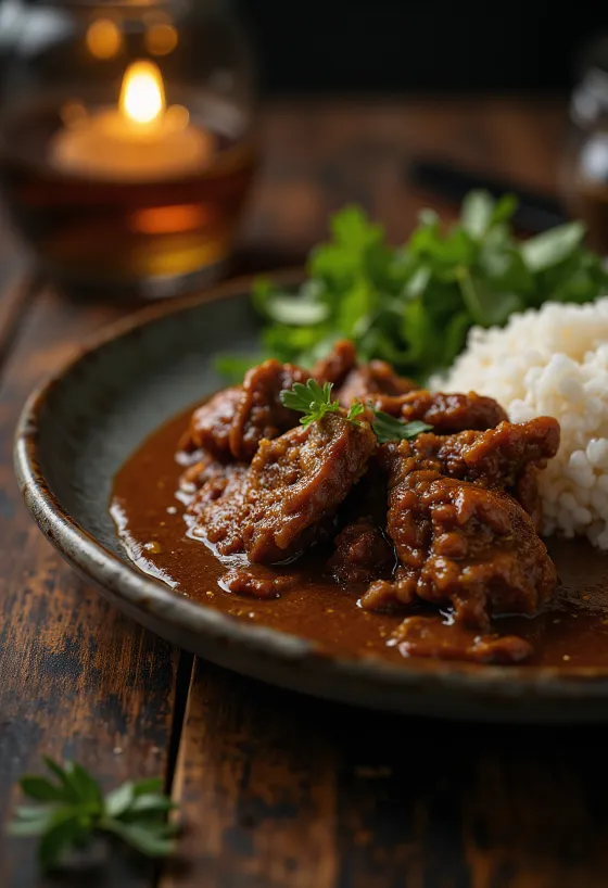 Beef Rendang serviran s rižom i svježim korijanderom