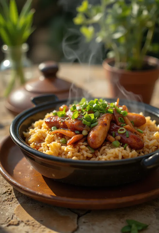 Riža u glinenoj posudi poslužena s piletinom i gljivama