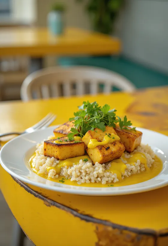 Grilani tofu kvinoja curry s tahinijem serviran