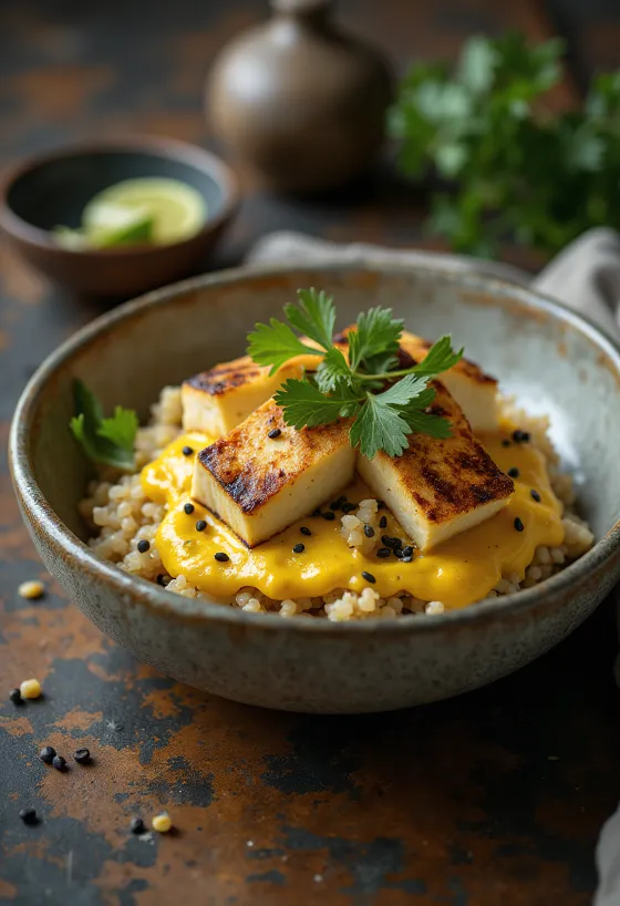 Tofu sa žara s kvinojom, curryjem, limetom i tahinijem poslužen