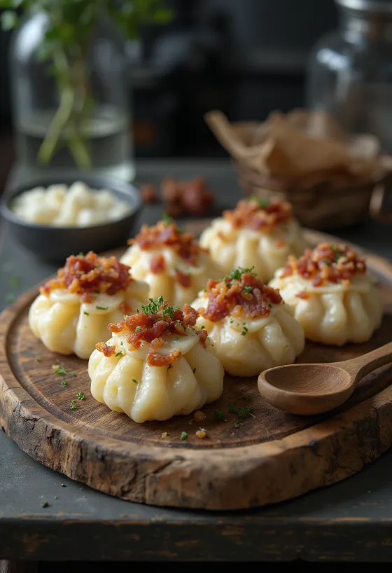 Strapačke s ovčjim sirom servirane s kiselim vrhnjem i prženom slaninom.