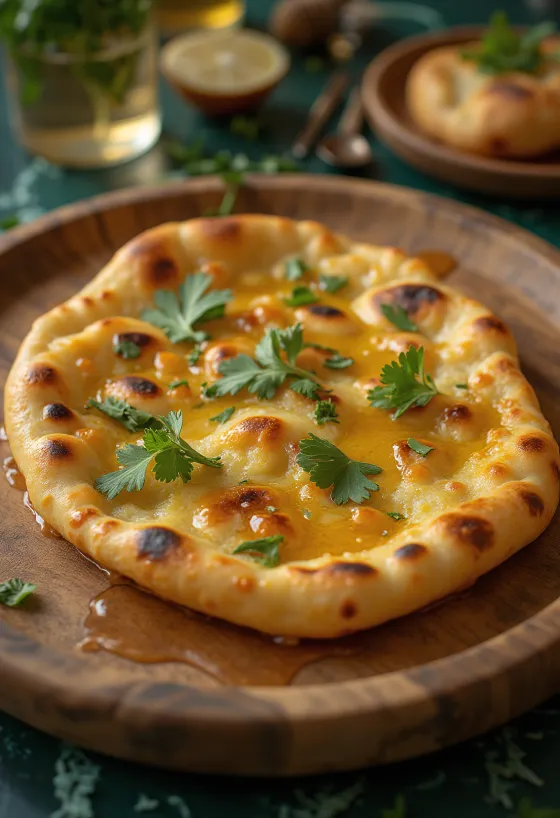 Roghni naan s medom, poslužen sa svježim korijanderom