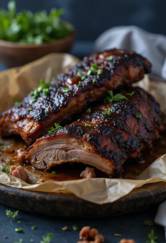 Dimljena bivolja rebra poslužena na rustikalnom pladnju s barbecue umakom.