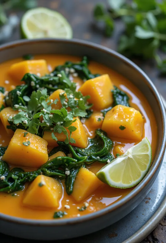Curry od bundeve sa špinatom serviran