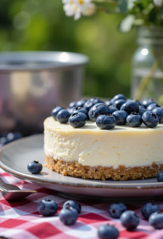 Torta od sira s borovnicama poslužena na tanjuru