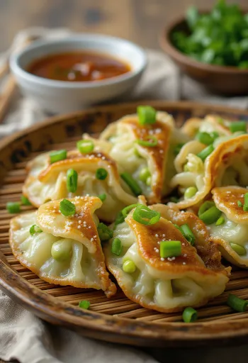 Edamame gyoza, komadi zlatno-smeđeg dna posluženi s umakom od soje za umakanje