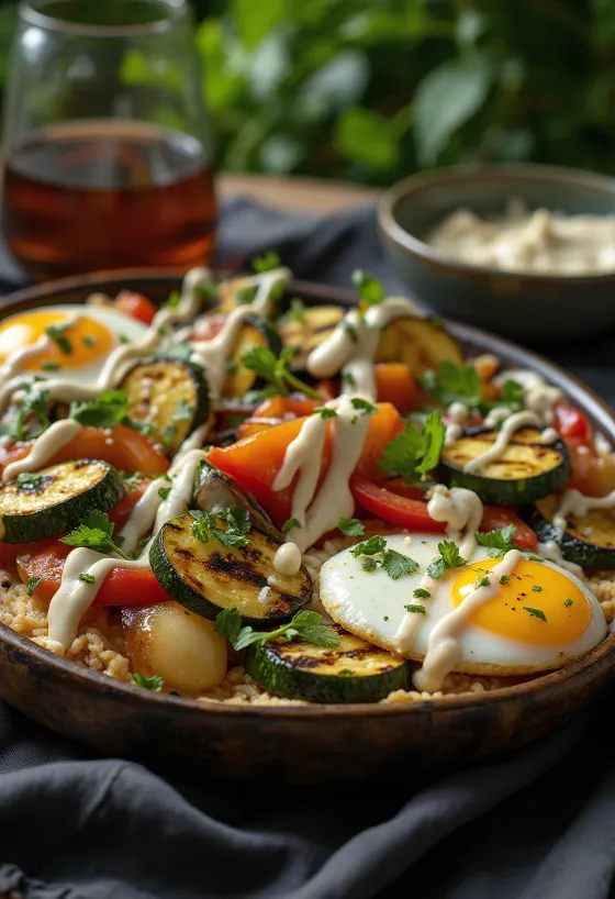 Povrće sa žara s tahini preljevom, ukrašeno peršinom