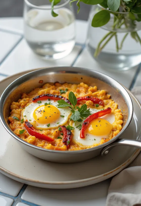 Klasični Menemen s pečenom paprikom, turski doručak s jajima, paprikom i rajčicom