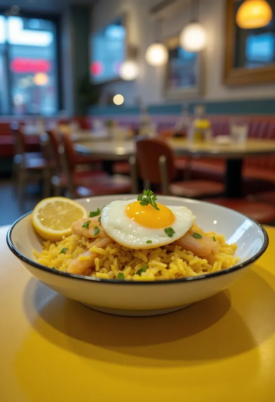 Kedgeree s dimljenom vahnjom poslužen u zdjeli s jajima i peršinom.