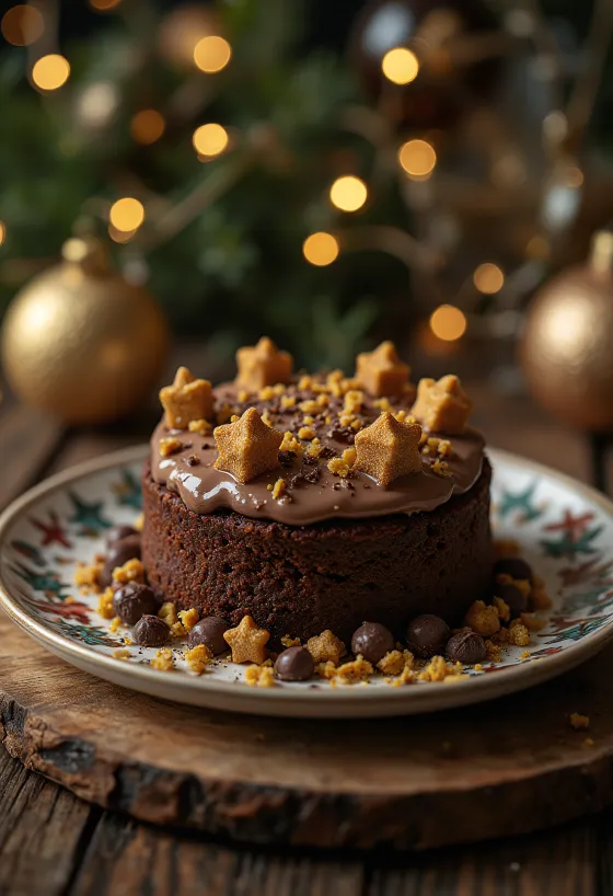 Adventska čokoladna torta s blagdanskim ukrasima na stolu
