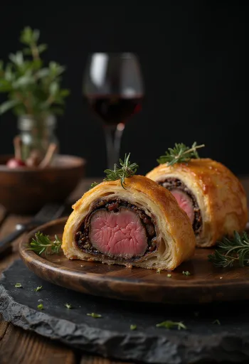 Beef Wellington serviran