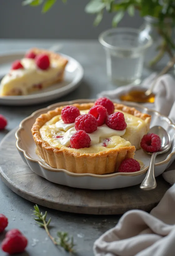 Quiche s malinama i bijelom čokoladom narezan na tanjuru