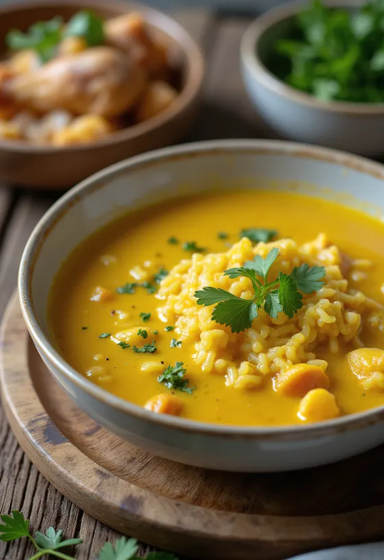 Mulligatawny juha s piletinom poslužena