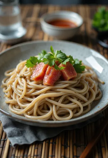 Zaru soba s tunom, poslužena sa sezamom i mladim lukom