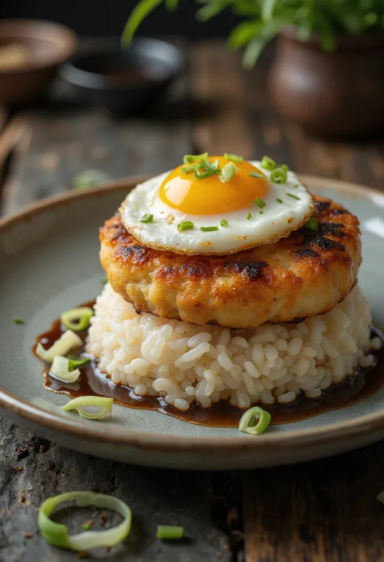Loco moco s ribljim polpetama, jajetom na oko, poslužen s korijanderom i salatom