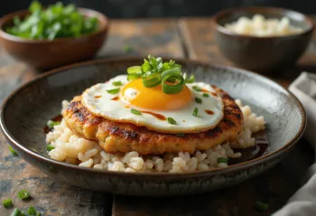 Loco moco s ribljim polpetama, jajetom na oko, poslužen s korijanderom i salatom