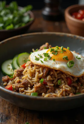Nasi Goreng s govedinom i jajem na oko poslužen