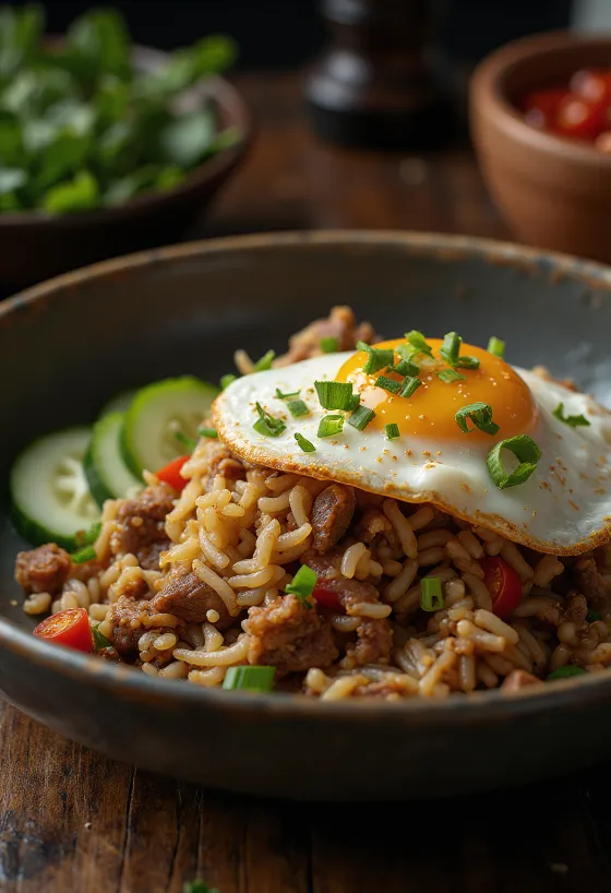 Nasi Goreng s govedinom i jajem na oko poslužen