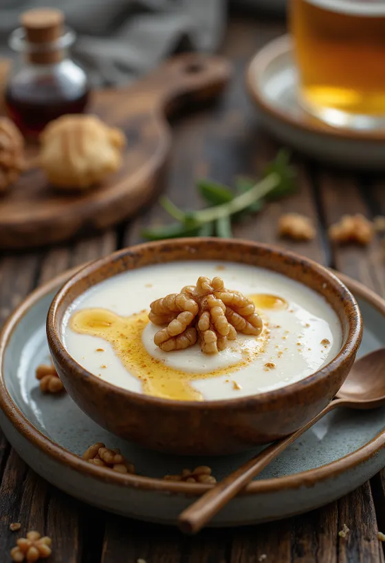 Probiotički kefir s orasima serviran u staklenoj čaši, ukrašen tostiranim jezgrama oraha