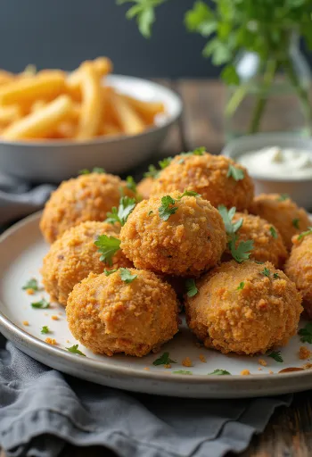 Zlatnosmeđe pečene pohane gljive u hrskavom omotaču, poslužene sa svježom salatom i tartar umakom.